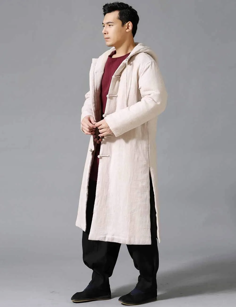 Mens Cotton Padded Winter Jacket Hooded Warm Parka Coat Chinese Style Long Trench Windbreakers