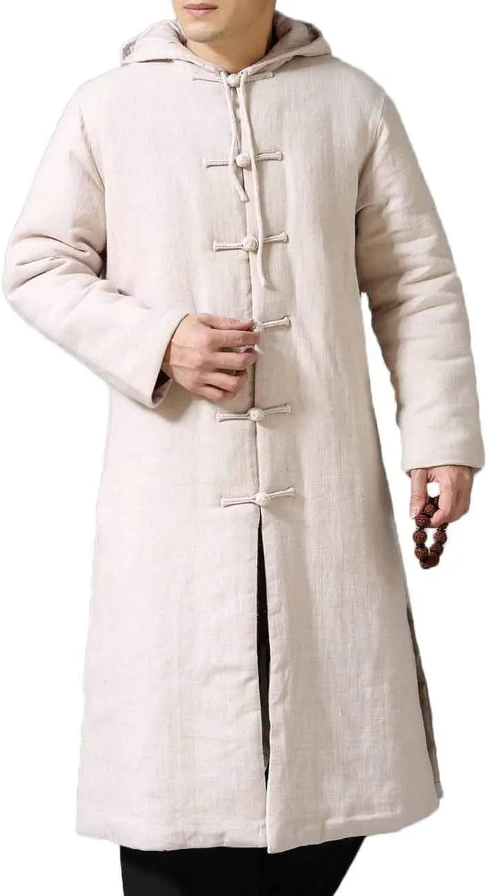 Mens Cotton Padded Winter Jacket Hooded Warm Parka Coat Chinese Style Long Trench Windbreakers