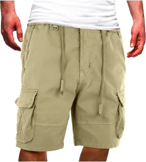 Mens Drawstring Cargo Shorts Straight Leg Military Tactical Combat Hiking Fishing Pants Multi-Pockets Fitness Sports Bermuda