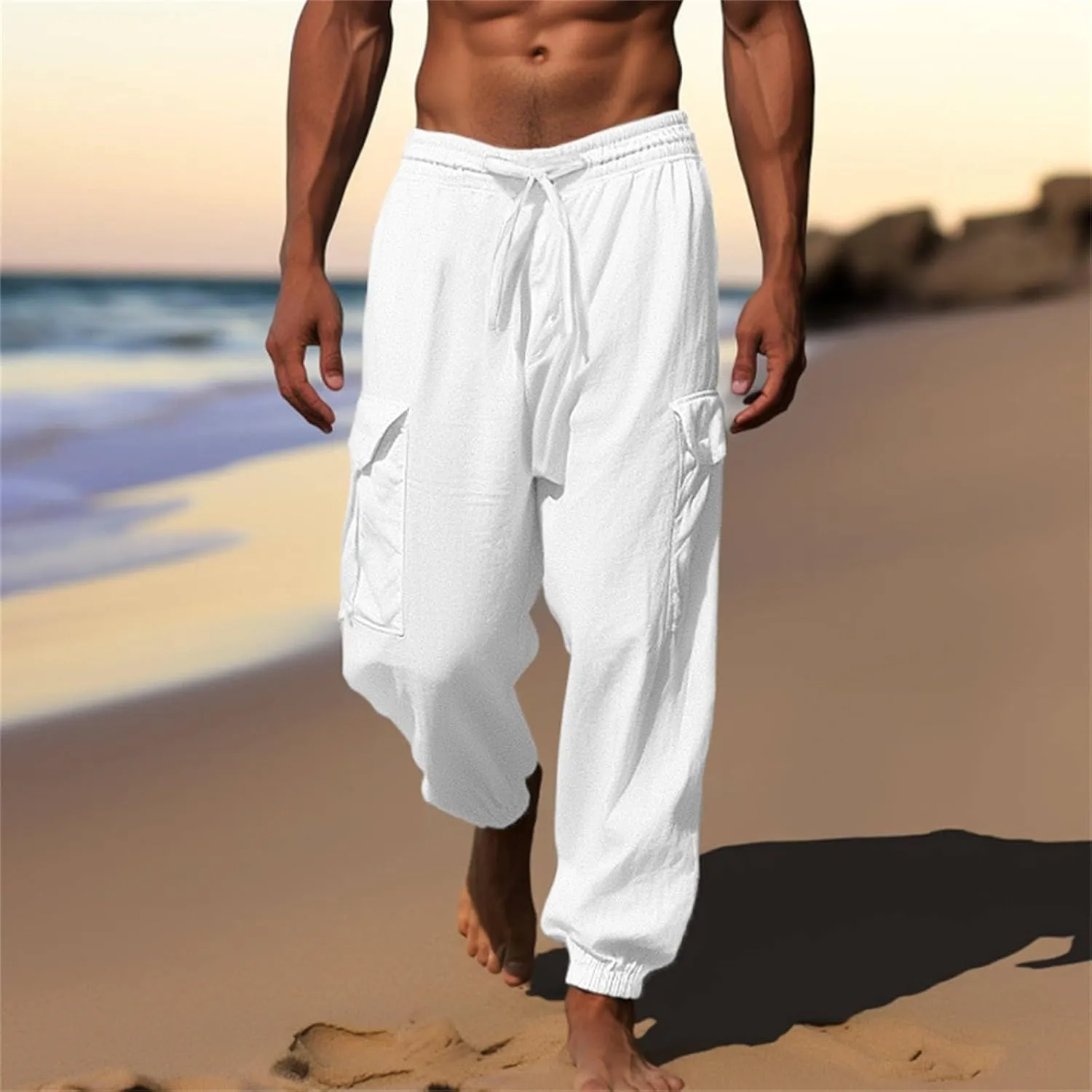 Mens Drawstring Tapered Pants Cotton and Linen Elastic Waisted Lightweight Casual Trousers Summer Quick Drying Workout Pants