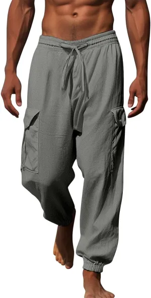 Mens Drawstring Tapered Pants Cotton and Linen Elastic Waisted Lightweight Casual Trousers Summer Quick Drying Workout Pants