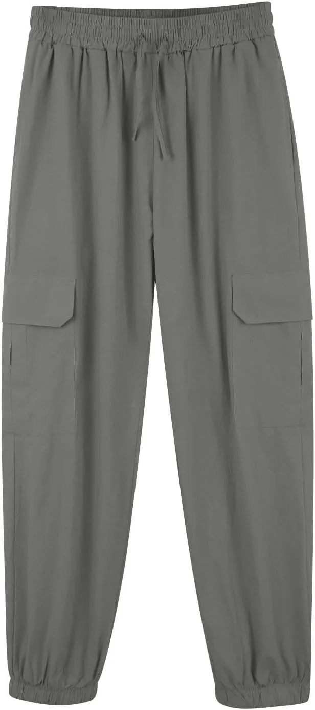 Mens Drawstring Tapered Pants Cotton and Linen Elastic Waisted Lightweight Casual Trousers Summer Quick Drying Workout Pants