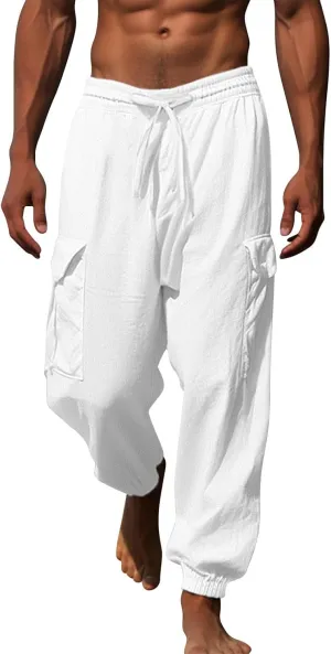 Mens Drawstring Tapered Pants Cotton and Linen Elastic Waisted Lightweight Casual Trousers Summer Quick Drying Workout Pants