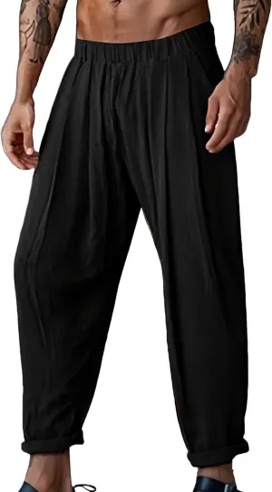 Mens Elastic High Waisted Trousers Cotton and Linen Lightweight Baggy Flowy Tapered Pants Combat Casual Yoga Dancing Capris