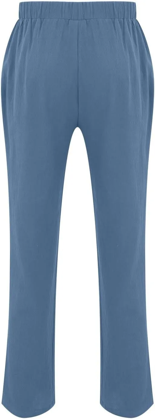 Mens Elastic High Waisted Trousers Cotton and Linen Lightweight Baggy Flowy Tapered Pants Combat Casual Yoga Dancing Capris