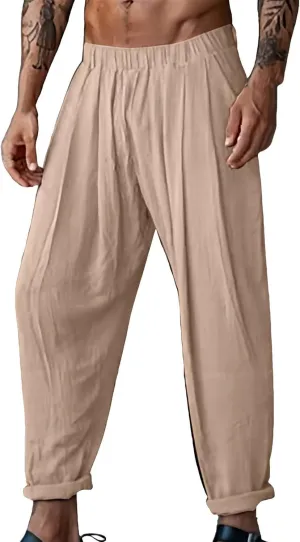 Mens Elastic High Waisted Trousers Cotton and Linen Lightweight Baggy Flowy Tapered Pants Combat Casual Yoga Dancing Capris