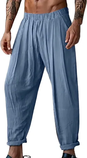 Mens Elastic High Waisted Trousers Cotton and Linen Lightweight Baggy Flowy Tapered Pants Combat Casual Yoga Dancing Capris
