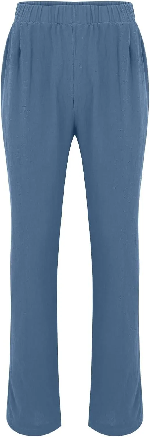 Mens Elastic High Waisted Trousers Cotton and Linen Lightweight Baggy Flowy Tapered Pants Combat Casual Yoga Dancing Capris