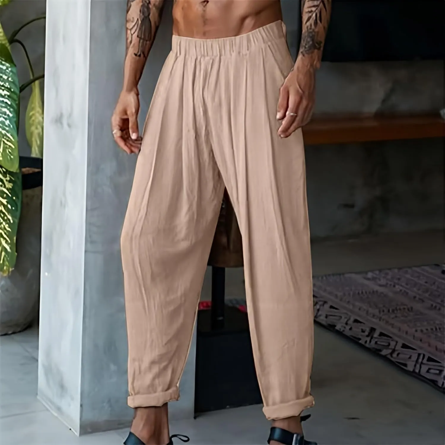 Mens Elastic High Waisted Trousers Cotton and Linen Lightweight Baggy Flowy Tapered Pants Combat Casual Yoga Dancing Capris