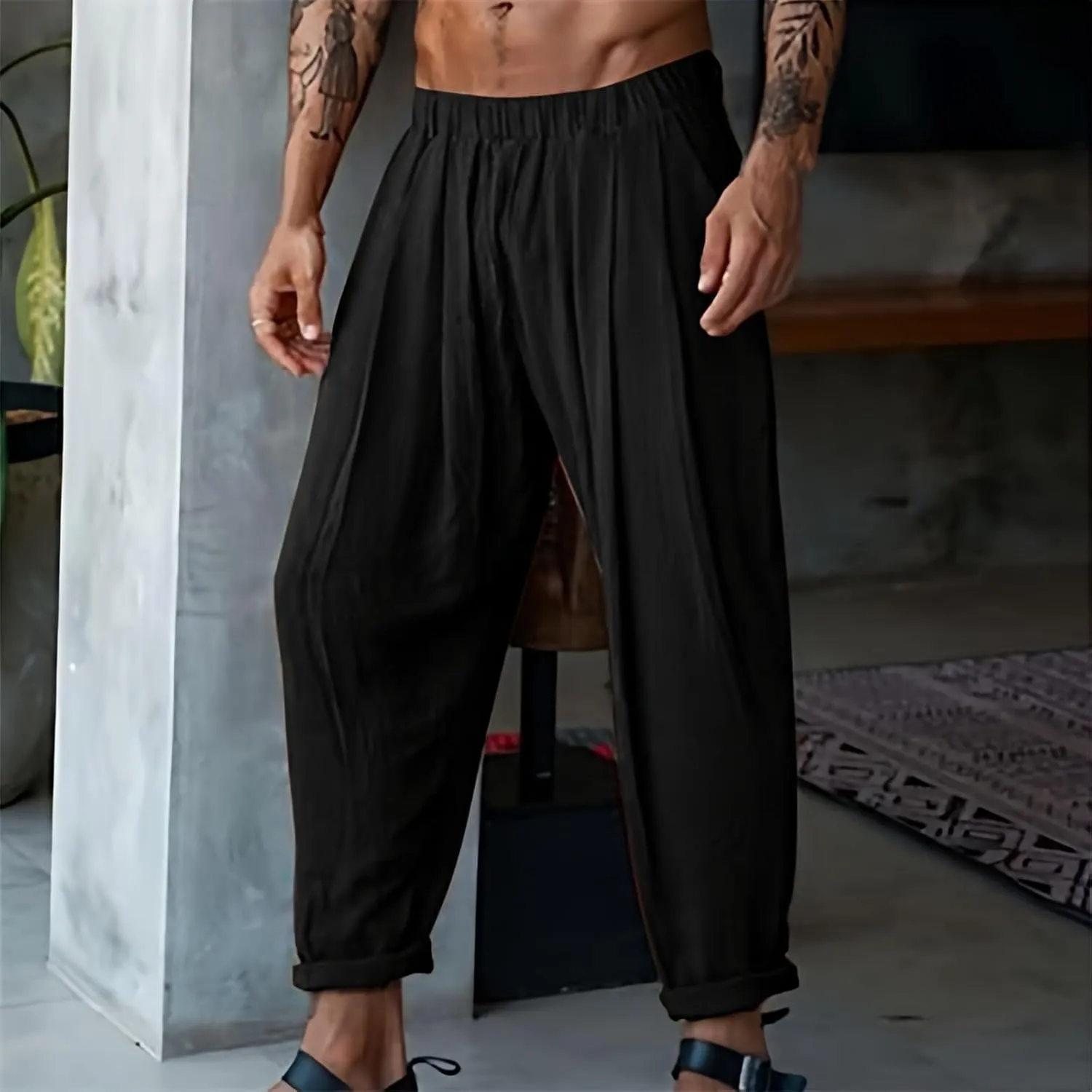 Mens Elastic High Waisted Trousers Cotton and Linen Lightweight Baggy Flowy Tapered Pants Combat Casual Yoga Dancing Capris