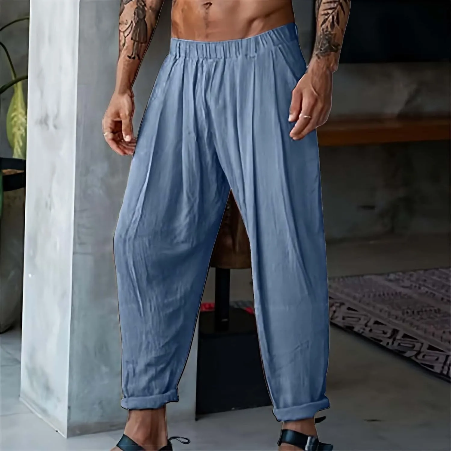 Mens Elastic High Waisted Trousers Cotton and Linen Lightweight Baggy Flowy Tapered Pants Combat Casual Yoga Dancing Capris