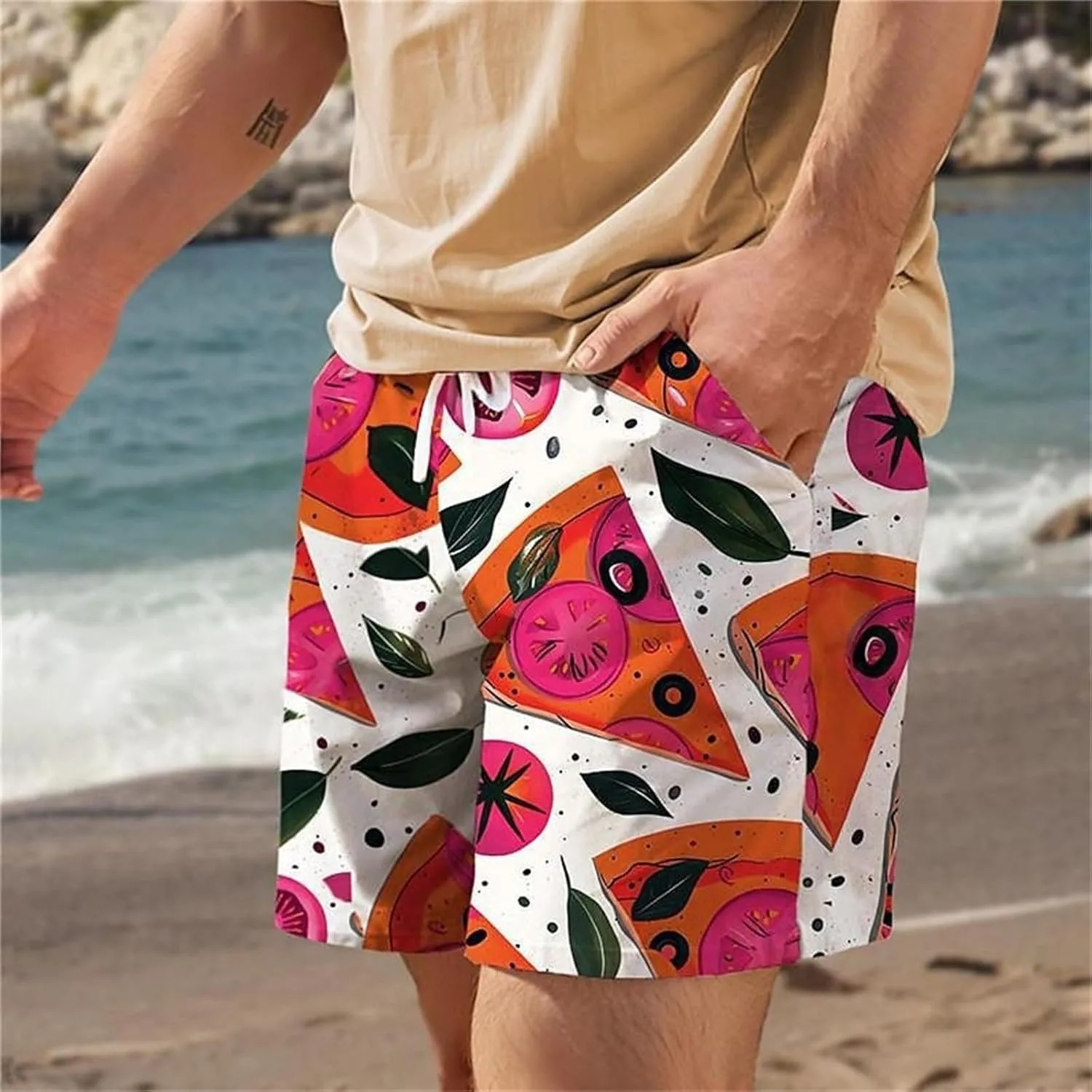 Mens Funny Beach Shorts 3D Printed Elastic Drawstring Combat Track Volleyball Capris Quick Drying Baggy Hawaiian Style Pants
