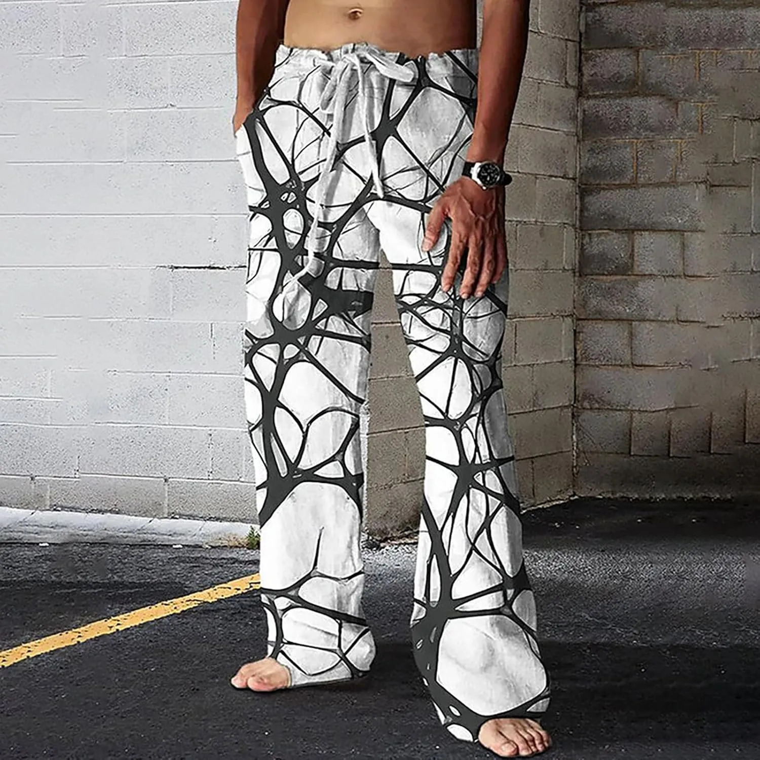 Mens Hiliday Vacation Pants Trousers Elastic Waisted Drawstring 3D Digital Print Beach Palazzo Straight Leg Baggy Casual Pant