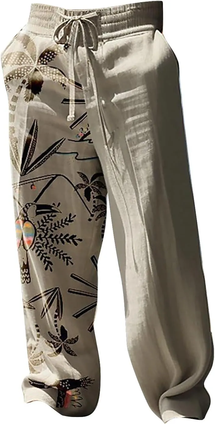 Mens Hiliday Vacation Pants Trousers Elastic Waisted Drawstring 3D Digital Print Beach Palazzo Straight Leg Baggy Casual Pant