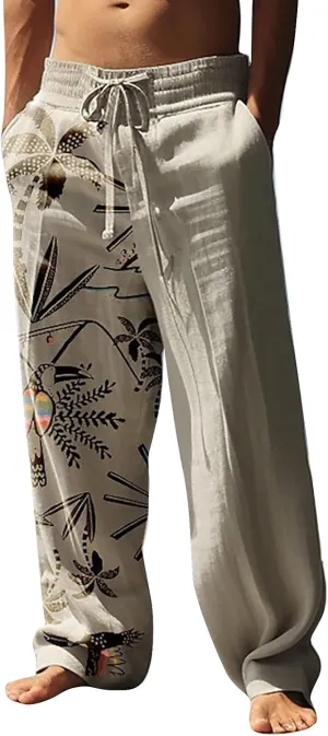 Mens Hiliday Vacation Pants Trousers Elastic Waisted Drawstring 3D Digital Print Beach Palazzo Straight Leg Baggy Casual Pant