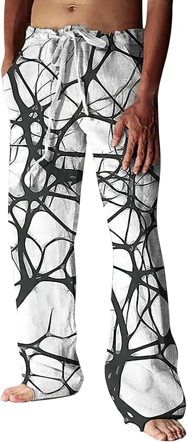 Mens Hiliday Vacation Pants Trousers Elastic Waisted Drawstring 3D Digital Print Beach Palazzo Straight Leg Baggy Casual Pant