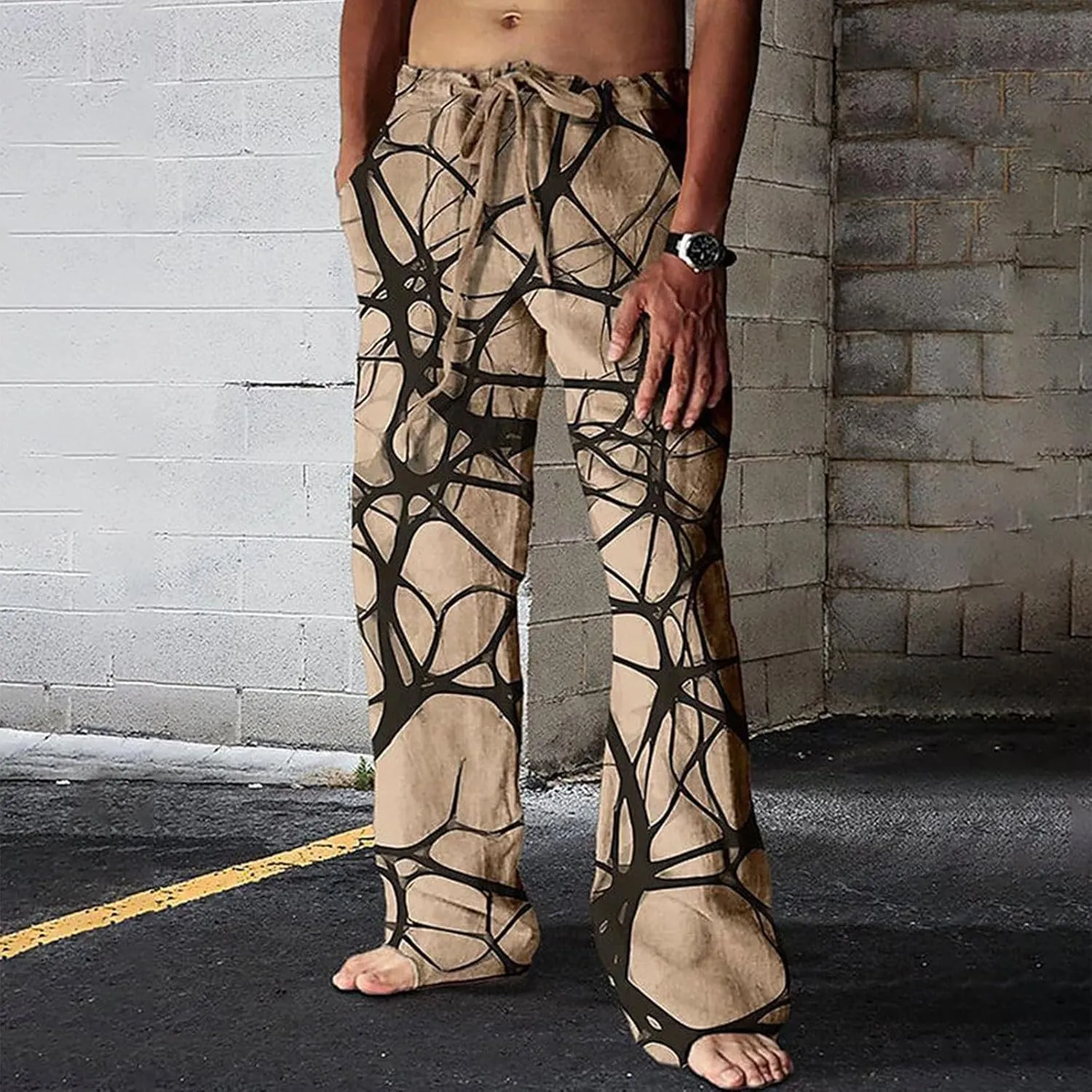 Mens Hiliday Vacation Pants Trousers Elastic Waisted Drawstring 3D Digital Print Beach Palazzo Straight Leg Baggy Casual Pant