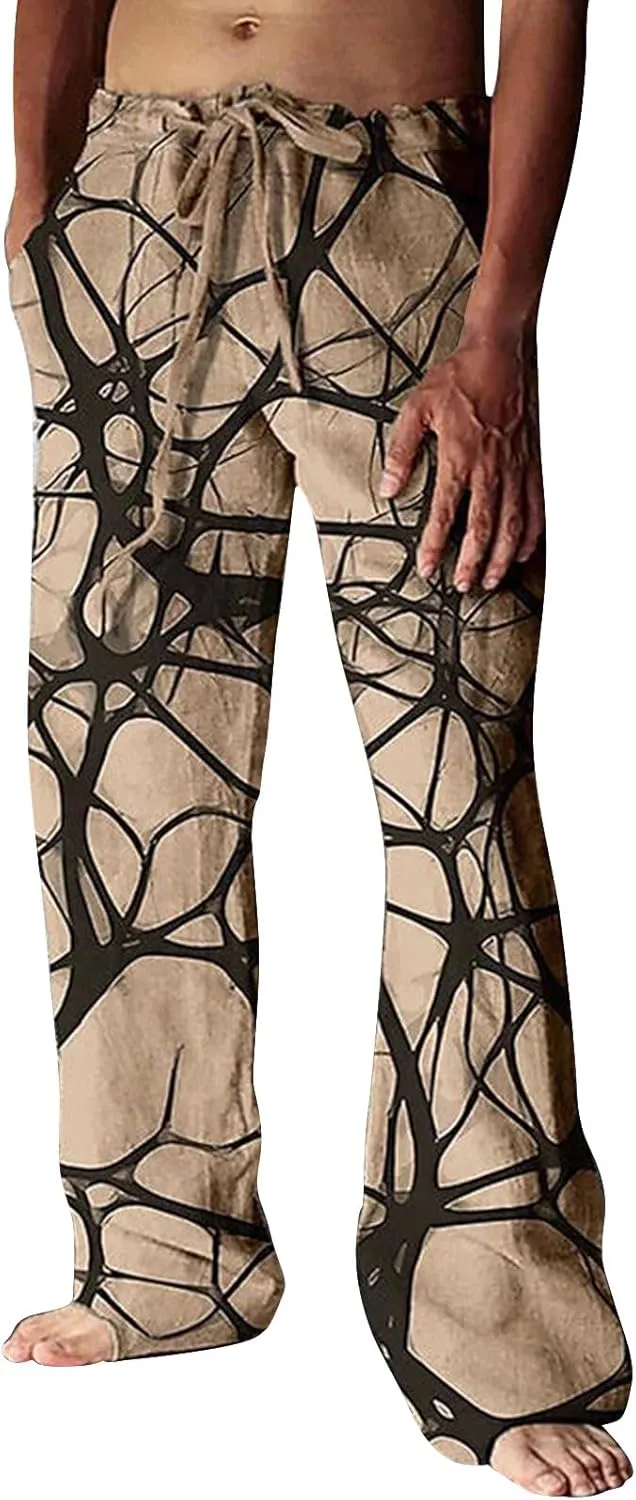Mens Hiliday Vacation Pants Trousers Elastic Waisted Drawstring 3D Digital Print Beach Palazzo Straight Leg Baggy Casual Pant