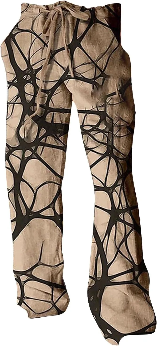 Mens Hiliday Vacation Pants Trousers Elastic Waisted Drawstring 3D Digital Print Beach Palazzo Straight Leg Baggy Casual Pant
