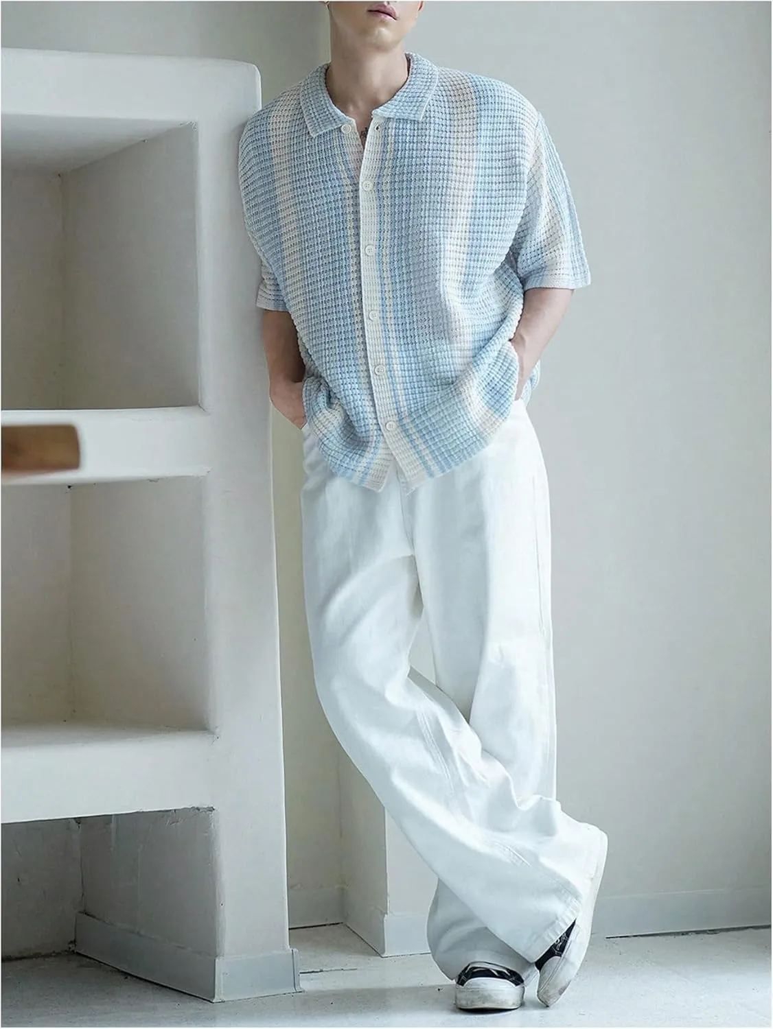 Men's Knitted Shirt Summer Vintage Striped Short Sleeve Casual Button Down Shirts Sweater
