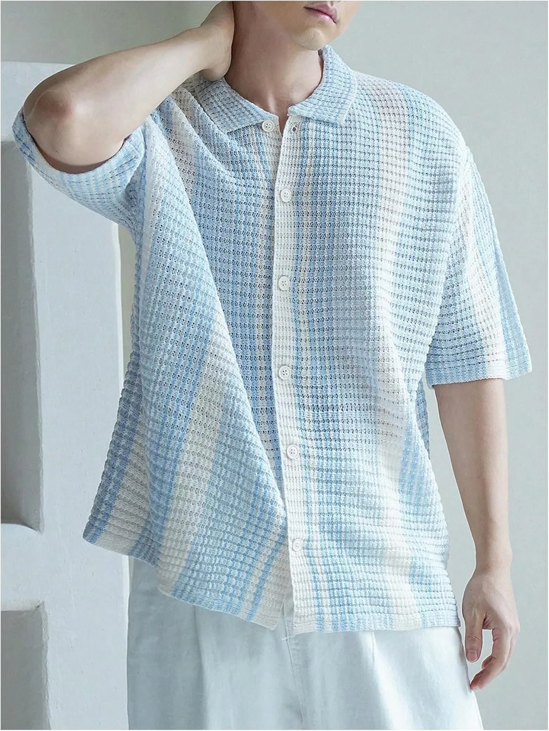 Men's Knitted Shirt Summer Vintage Striped Short Sleeve Casual Button Down Shirts Sweater