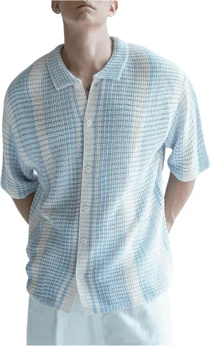 Men's Knitted Shirt Summer Vintage Striped Short Sleeve Casual Button Down Shirts Sweater