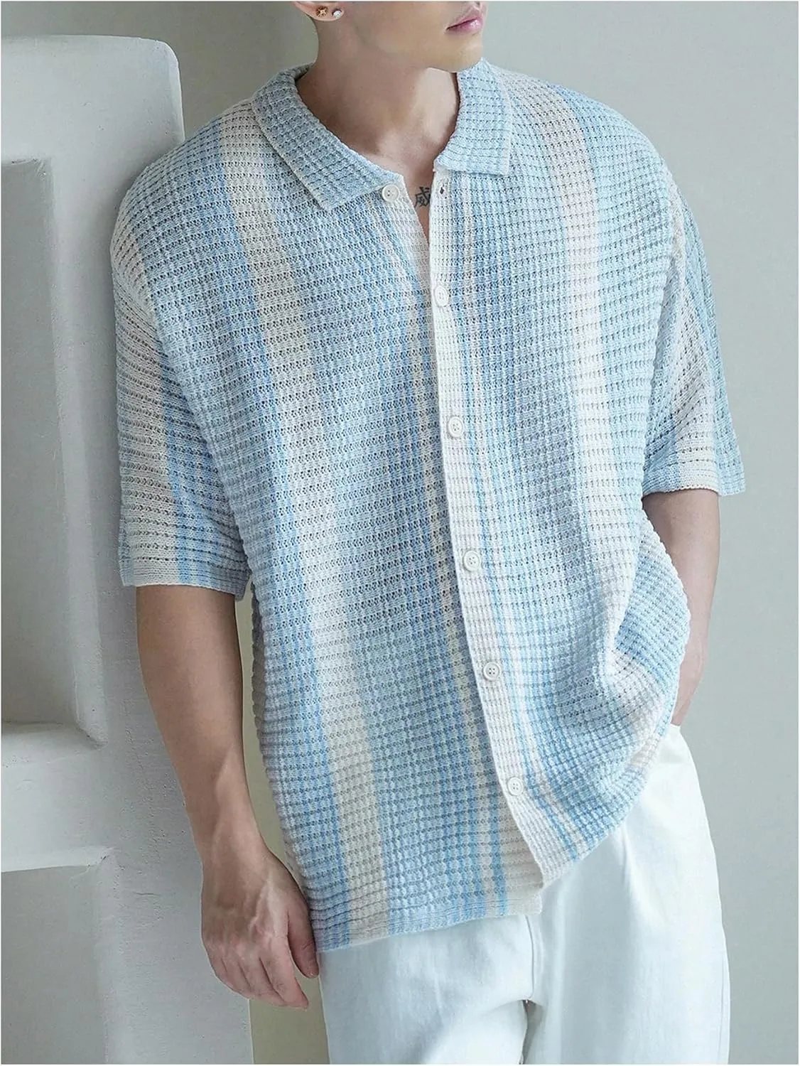 Men's Knitted Shirt Summer Vintage Striped Short Sleeve Casual Button Down Shirts Sweater