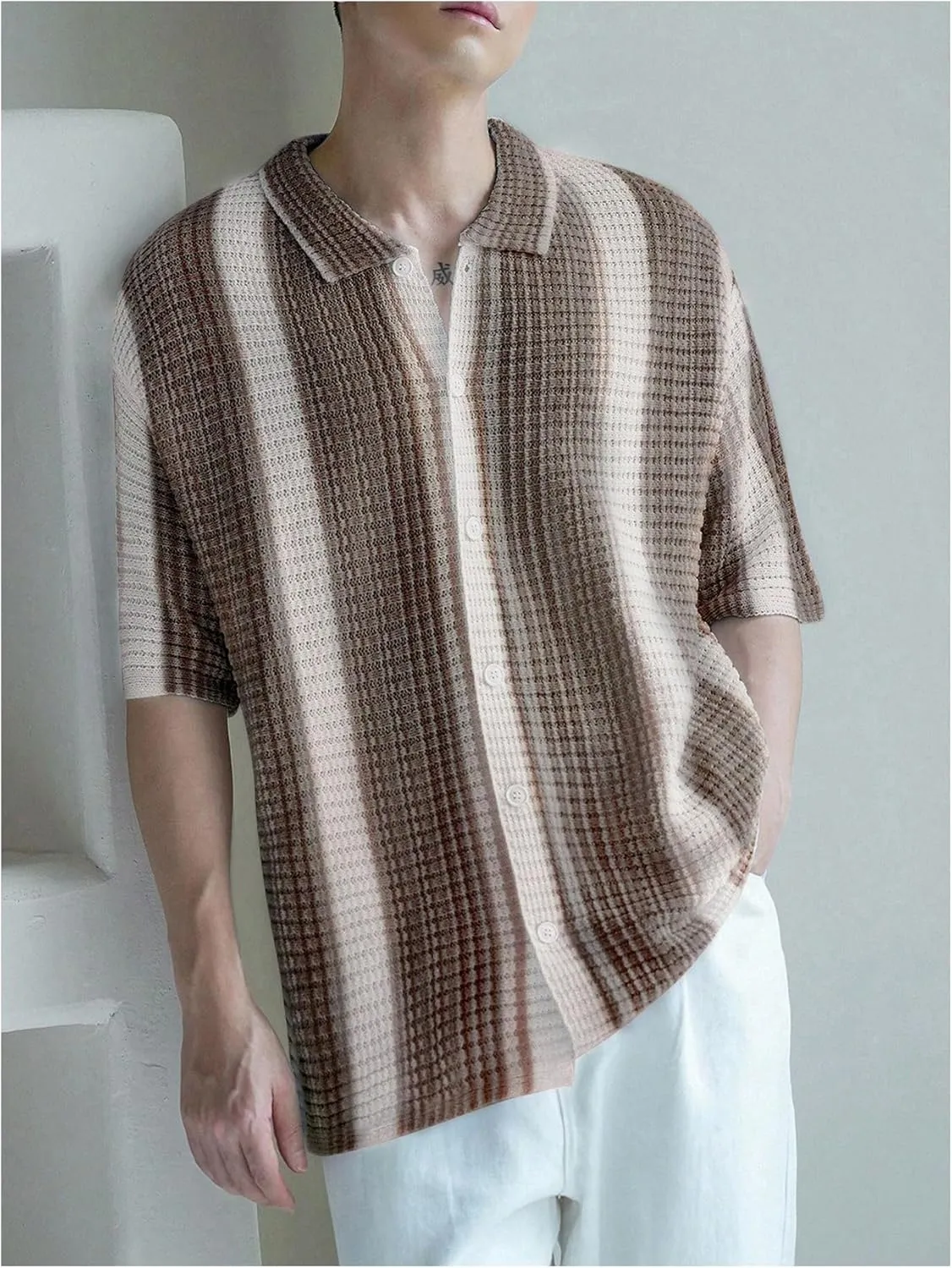 Men's Knitted Shirt Summer Vintage Striped Short Sleeve Casual Button Down Shirts Sweater