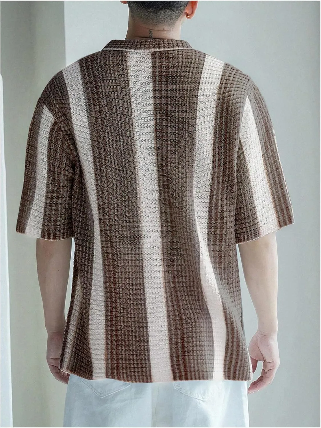 Men's Knitted Shirt Summer Vintage Striped Short Sleeve Casual Button Down Shirts Sweater