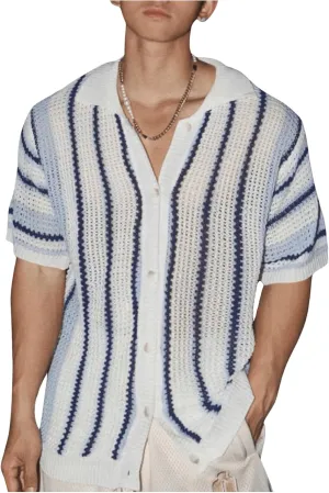 Men's Knitted Shirt Summer Vintage Striped Short Sleeve Casual Button Down Shirts Sweater
