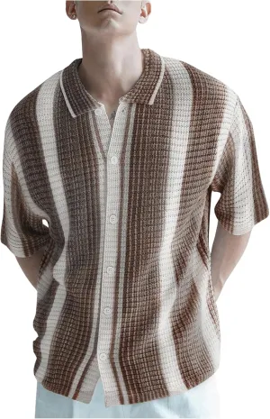 Men's Knitted Shirt Summer Vintage Striped Short Sleeve Casual Button Down Shirts Sweater