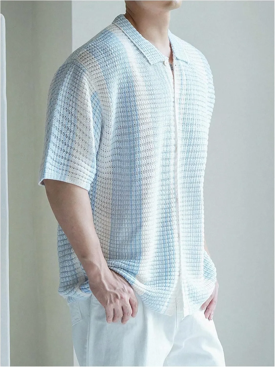 Men's Knitted Shirt Summer Vintage Striped Short Sleeve Casual Button Down Shirts Sweater