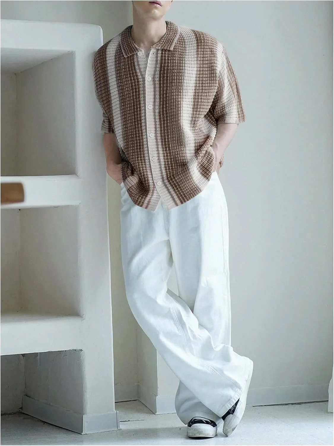 Men's Knitted Shirt Summer Vintage Striped Short Sleeve Casual Button Down Shirts Sweater
