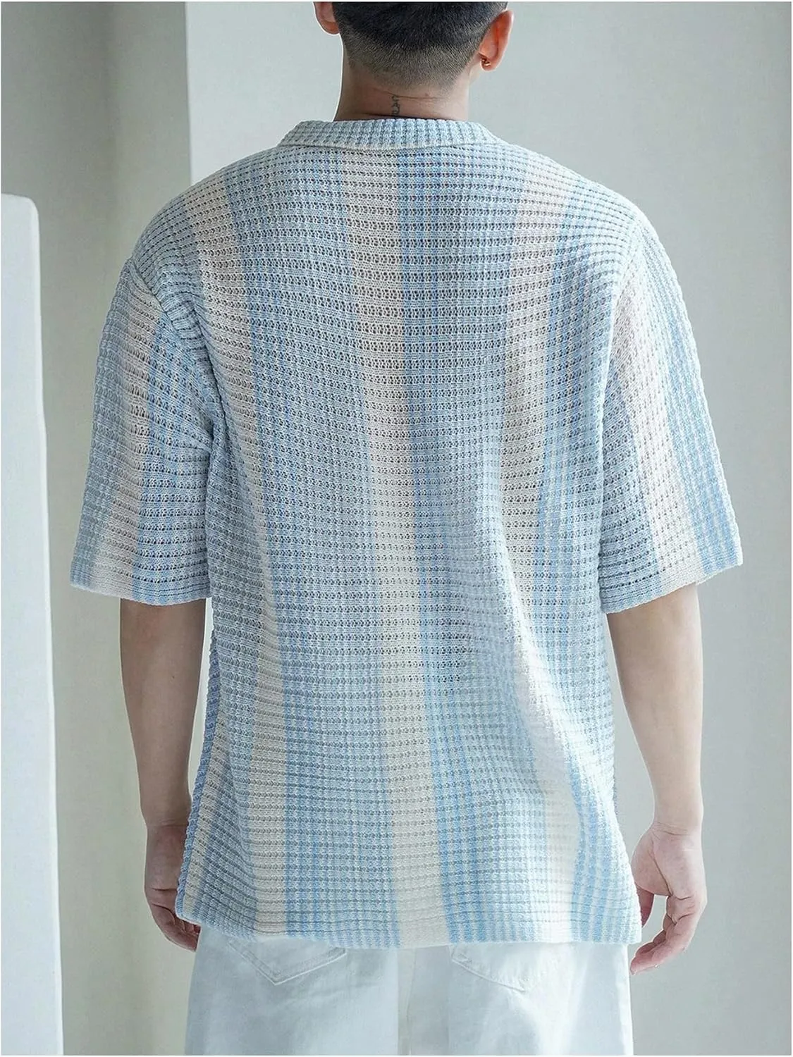 Men's Knitted Shirt Summer Vintage Striped Short Sleeve Casual Button Down Shirts Sweater