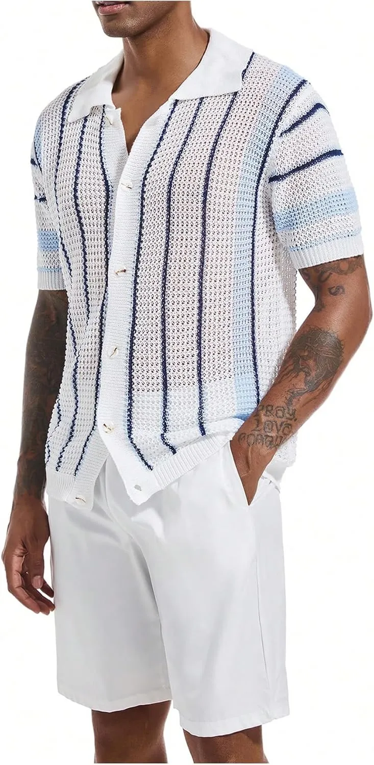 Men's Knitted Shirt Summer Vintage Striped Short Sleeve Casual Button Down Shirts Sweater