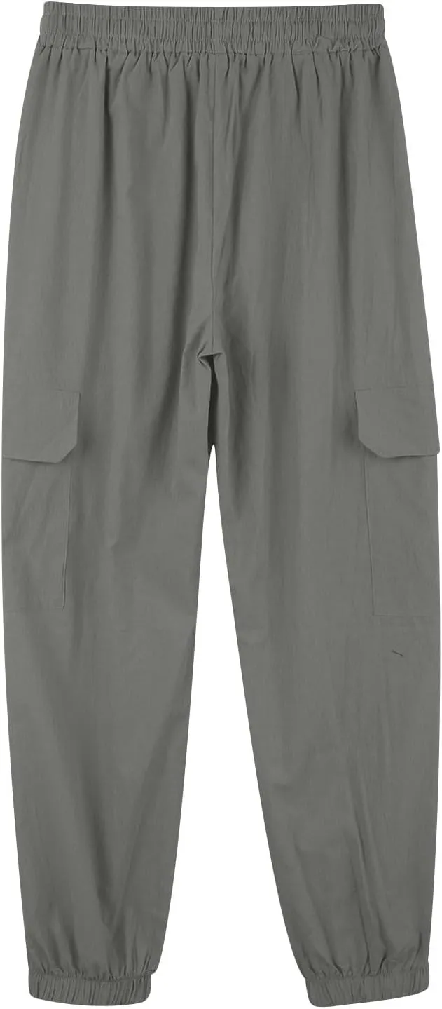 Mens Lightweight Quick Drying Flowy Casual Loose Trousers Cotton and Linen Long Pants Drawstring High Waisted Tapered Pants
