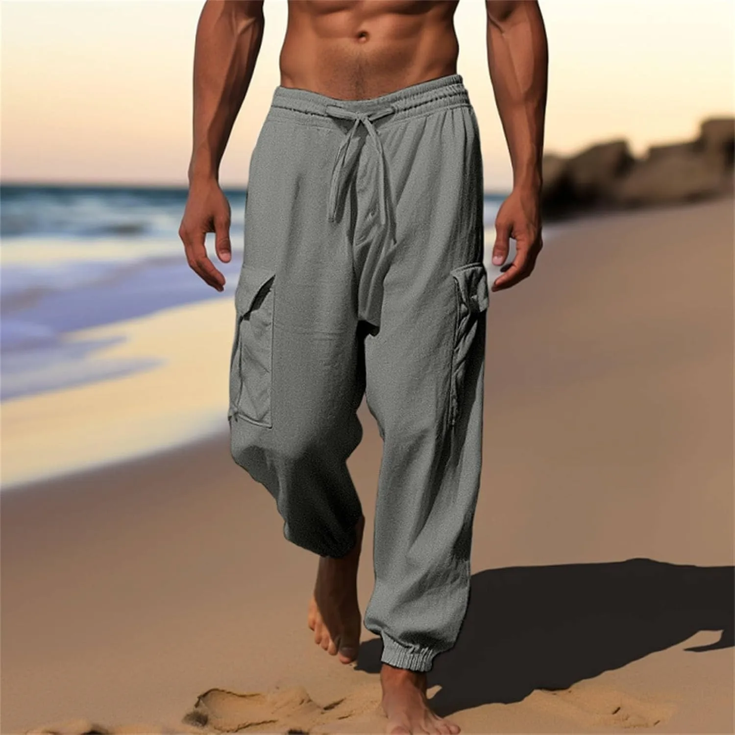 Mens Lightweight Quick Drying Flowy Casual Loose Trousers Cotton and Linen Long Pants Drawstring High Waisted Tapered Pants