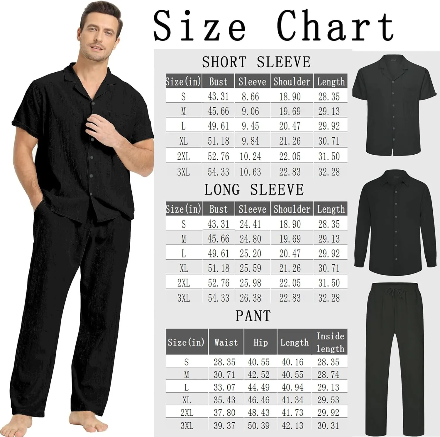 Men's Linen Sets Outfits: 3 Piece Beach Button Down Shirts Casual Loose Pants Short Sleeve Walking Suits