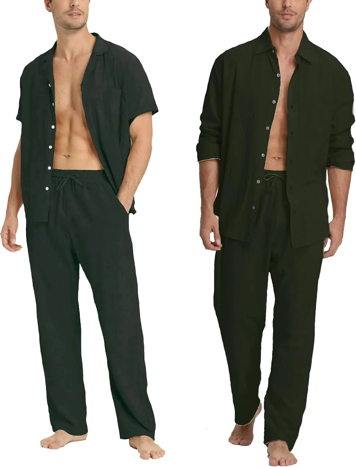 Men's Linen Sets Outfits: 3 Piece Beach Button Down Shirts Casual Loose Pants Short Sleeve Walking Suits