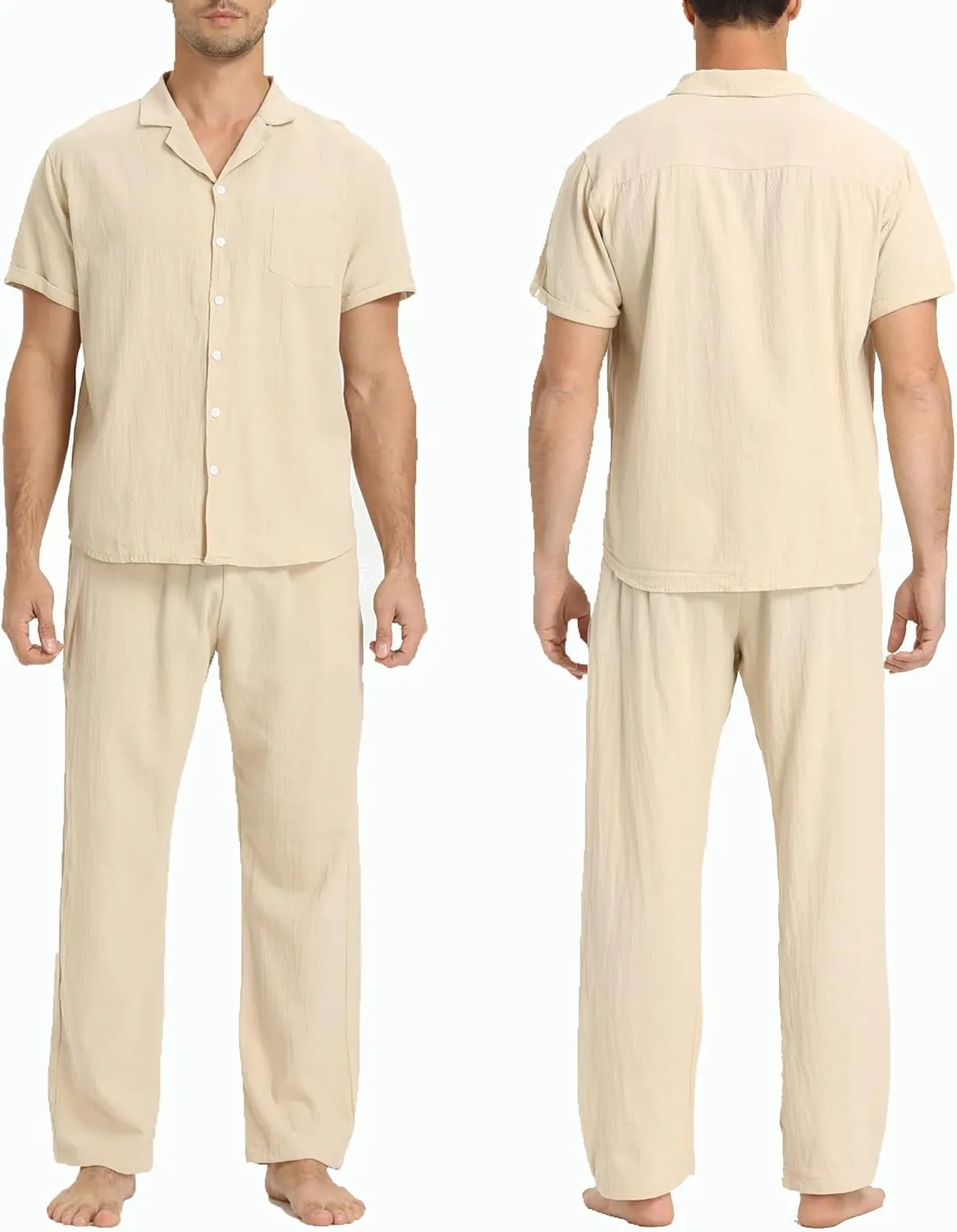 Men's Linen Sets Outfits: 3 Piece Beach Button Down Shirts Casual Loose Pants Short Sleeve Walking Suits
