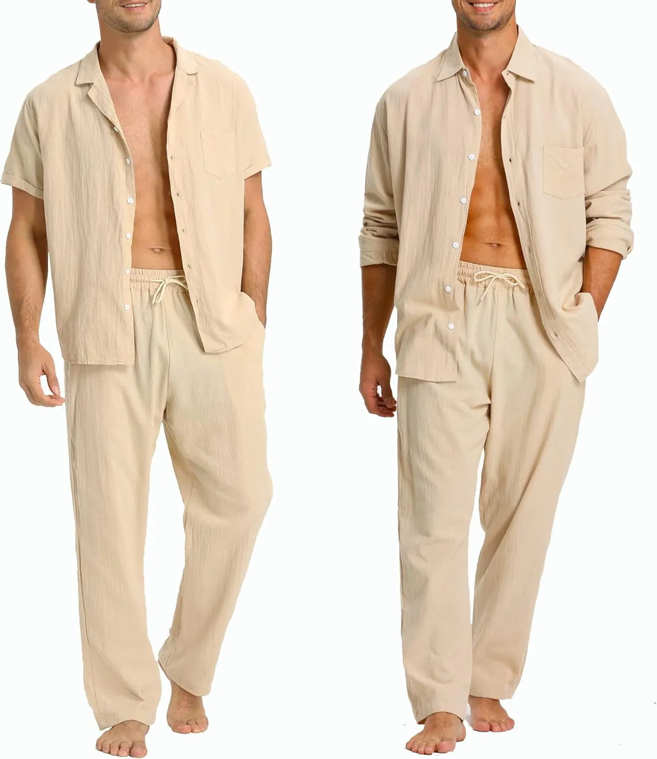 Men's Linen Sets Outfits: 3 Piece Beach Button Down Shirts Casual Loose Pants Short Sleeve Walking Suits