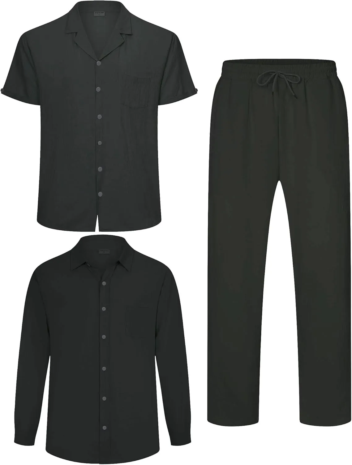Men's Linen Sets Outfits: 3 Piece Beach Button Down Shirts Casual Loose Pants Short Sleeve Walking Suits