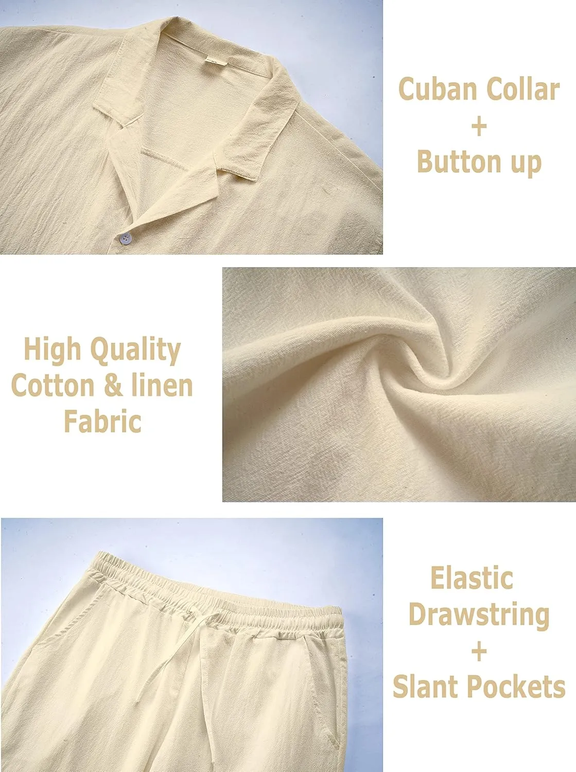 Men's Linen Sets Outfits: 3 Piece Beach Button Down Shirts Casual Loose Pants Short Sleeve Walking Suits