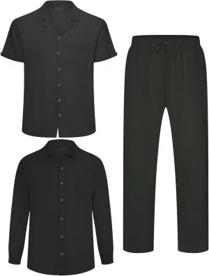 Men's Linen Sets Outfits: 3 Piece Beach Button Down Shirts Casual Loose Pants Short Sleeve Walking Suits