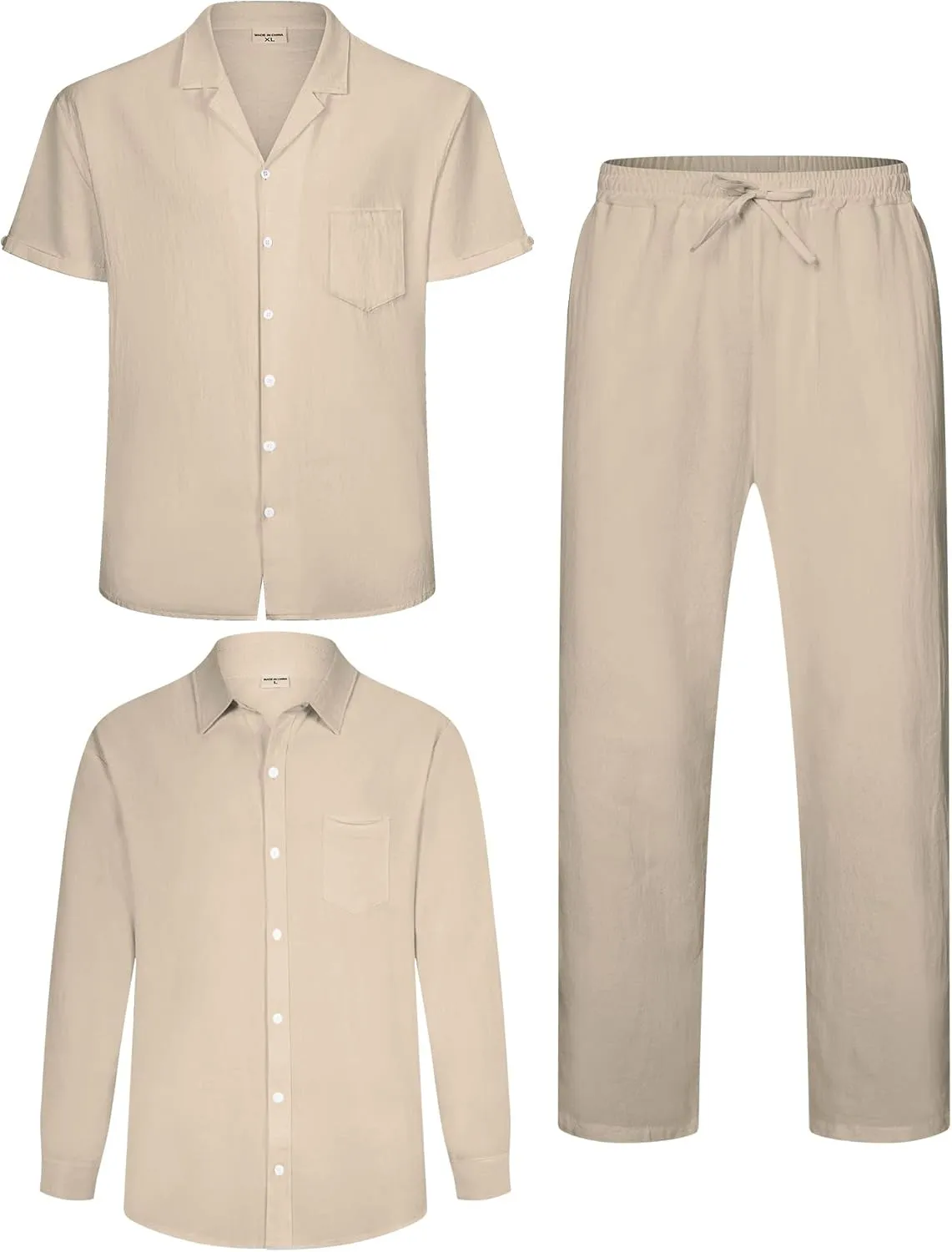 Men's Linen Sets Outfits: 3 Piece Beach Button Down Shirts Casual Loose Pants Short Sleeve Walking Suits