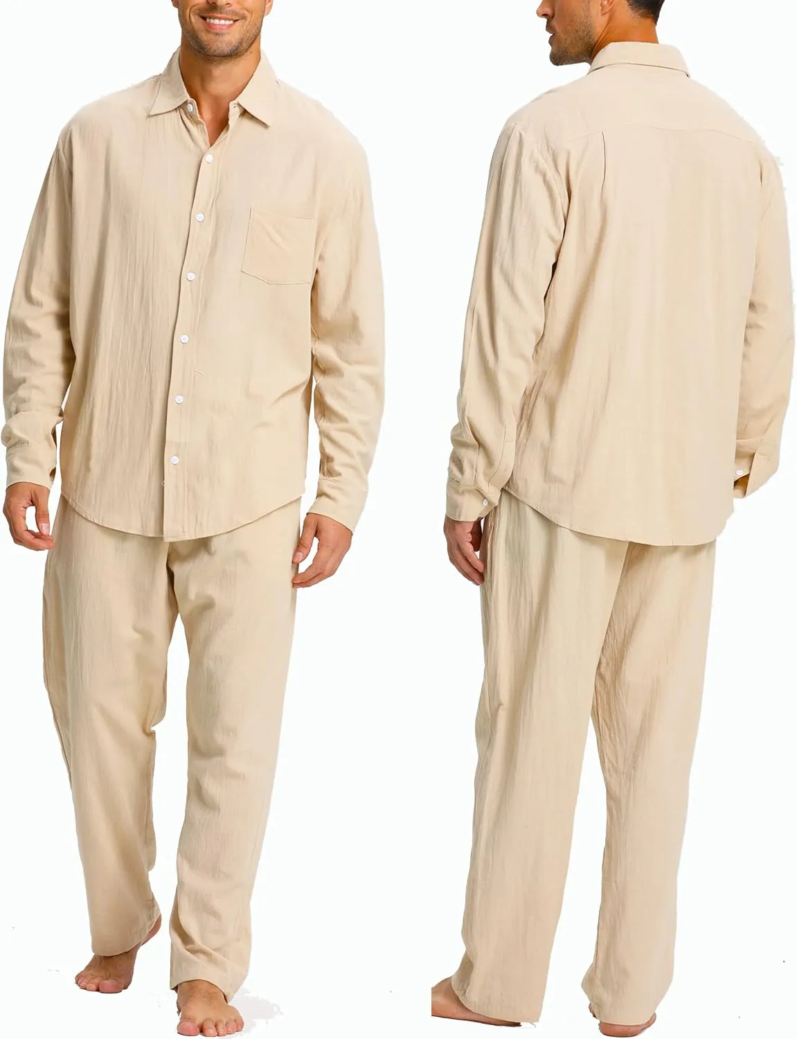 Men's Linen Sets Outfits: 3 Piece Beach Button Down Shirts Casual Loose Pants Short Sleeve Walking Suits