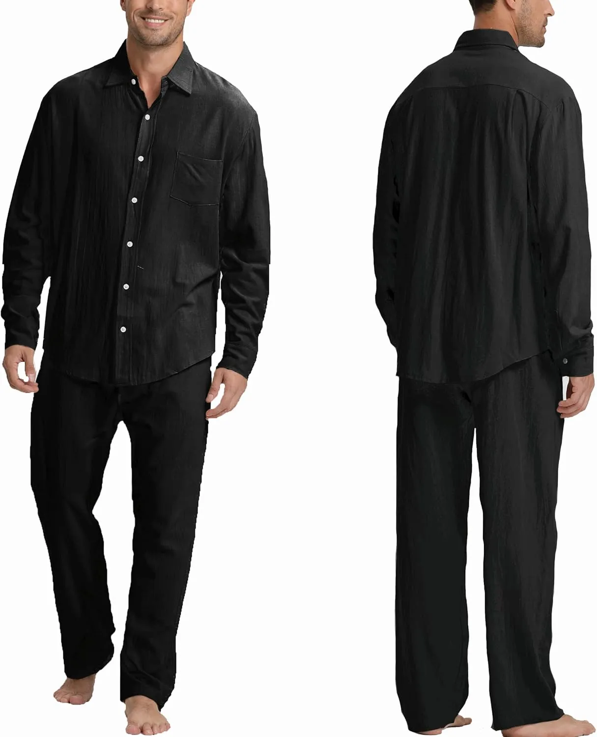 Men's Linen Sets Outfits: 3 Piece Beach Button Down Shirts Casual Loose Pants Short Sleeve Walking Suits