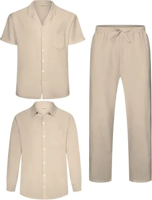 Men's Linen Sets Outfits: 3 Piece Beach Button Down Shirts Casual Loose Pants Short Sleeve Walking Suits