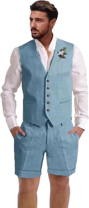 Mens Linen Suit 2 Piece Short Suits for Men Casual Summer Beach Wedding Suit Linen Vest Shorts Set