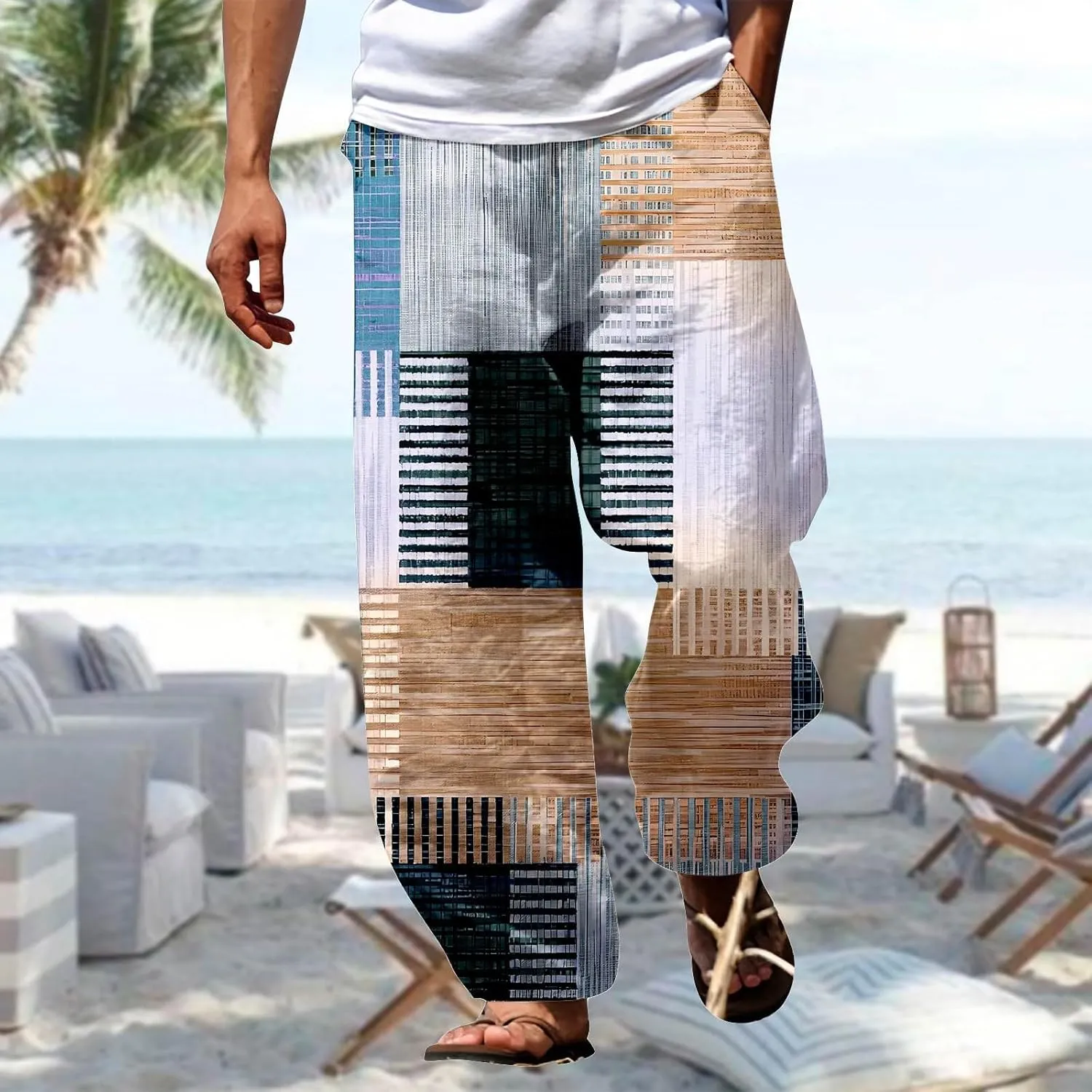 Mens Quick Drying Plus Size Baggy Casual Traveling Pants Color Block Trousers Lightweight Summer Elastic Waist Palazzo 2024